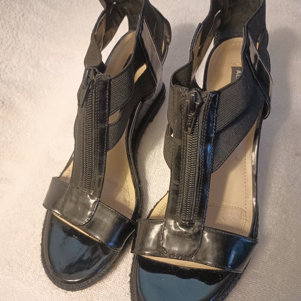 Alex Marie Elastic T-Strap Patent Wedges.